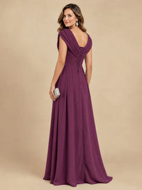 V Neck Pleated Mother of The Bride Dresses with Beading Cap Sleeves