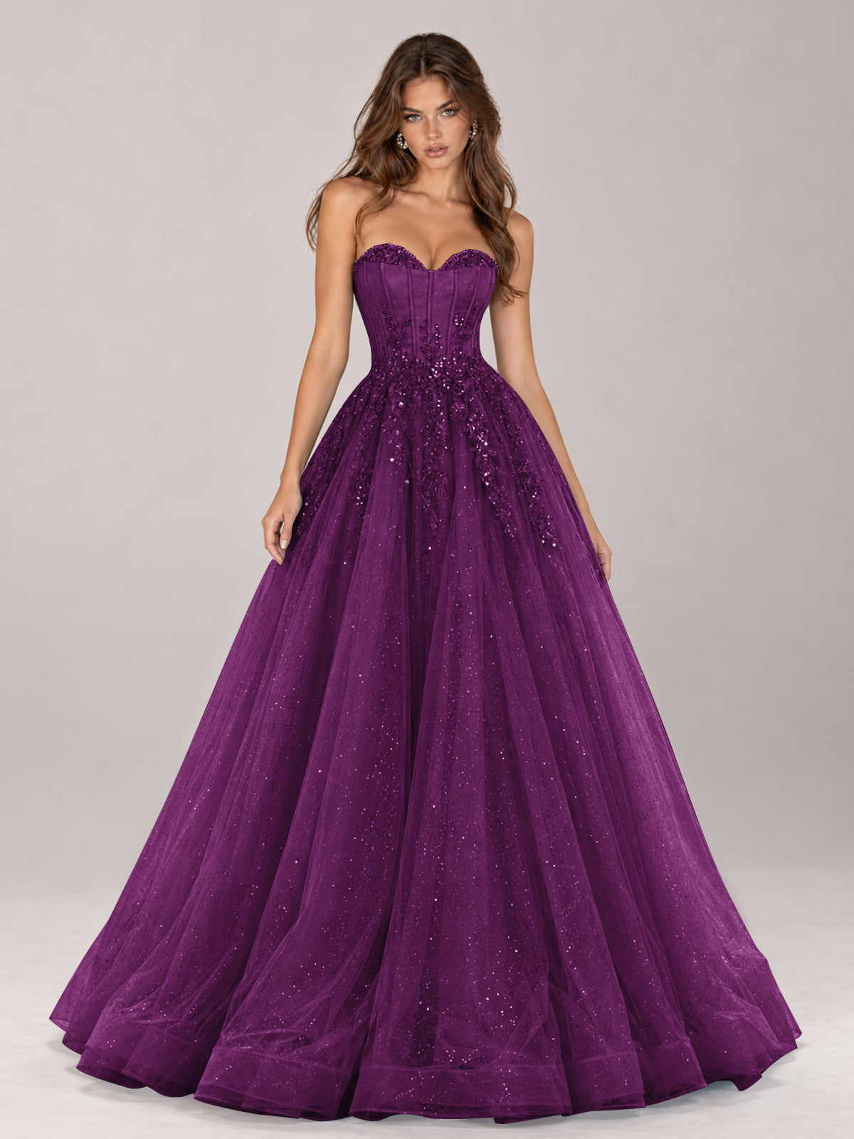 Strapless Sweetheart Beaded Corset Glitter Tulle Ball Gown Prom Dress