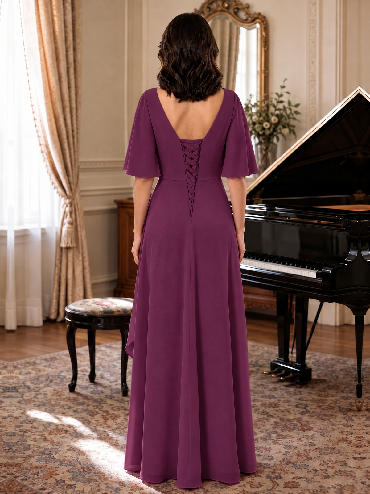 V-Neck Chiffon Lace Mother of the Bride Dresses