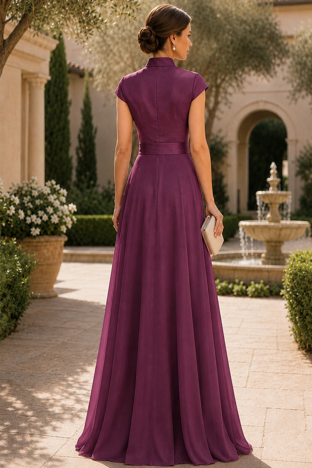 V Neck Cap Sleeve A-Line Floor-Length Satin Bridesmaid Dress