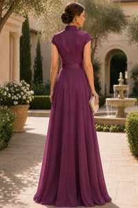 V Neck Cap Sleeve A-Line Floor-Length Satin Bridesmaid Dress
