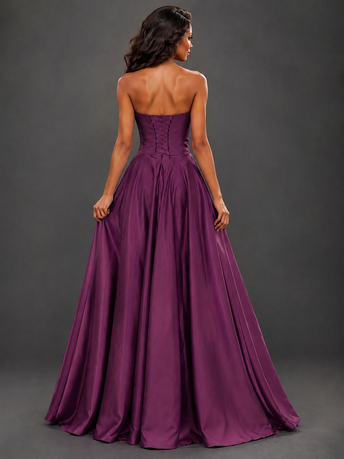 Draped Satin Prom Dress Strapless A-line Formal Dress Floor Length