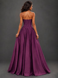 Draped Satin Prom Dress Strapless A-line Formal Dress Floor Length