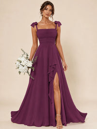 Ruffle Slit Chiffon A Line Scoop Neck Bridesmaid Dresses with Pockets