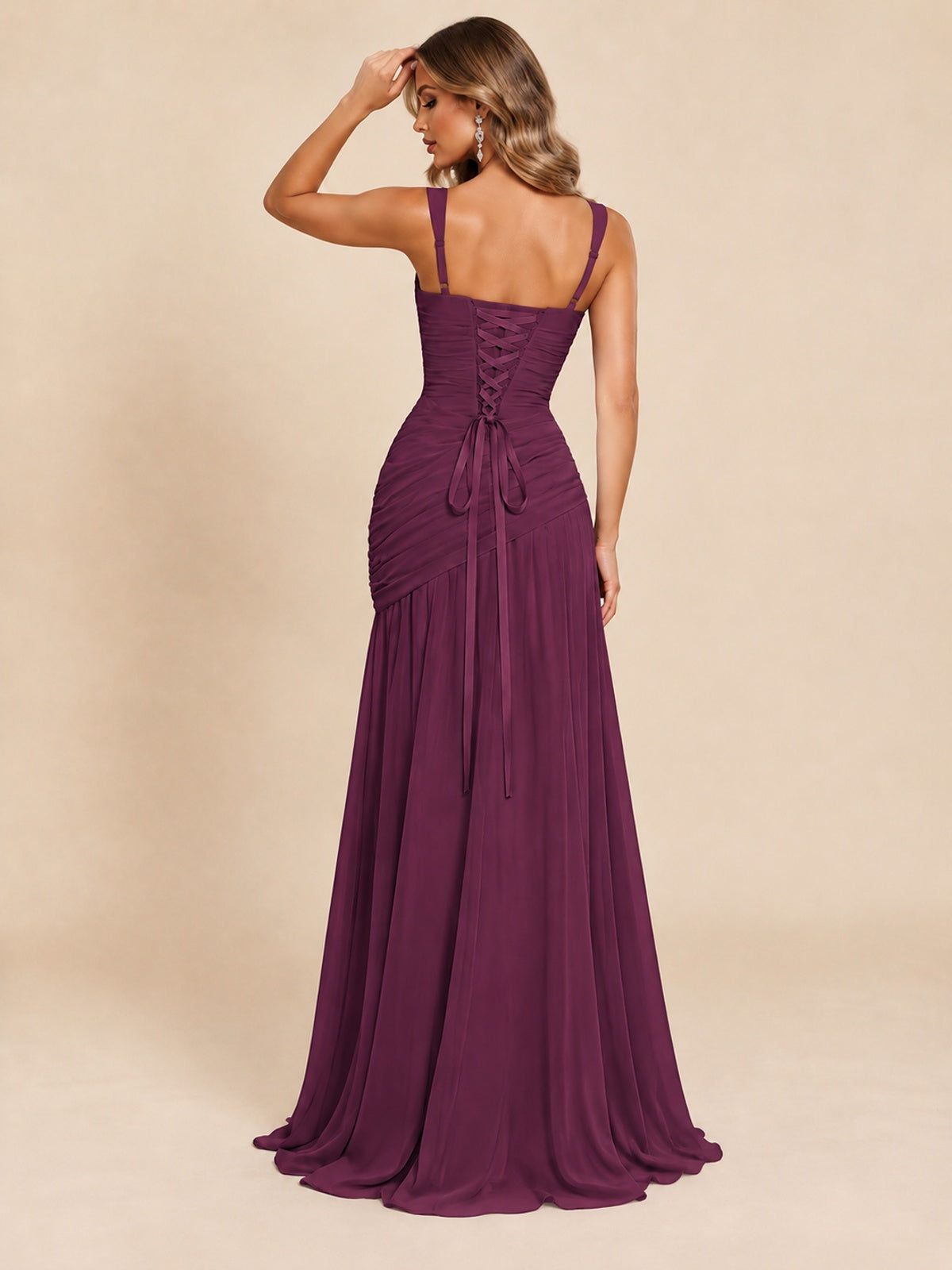 Wrap Pleated Prom Dress Scoop Neck with Slit Women Wedding Formal Dress