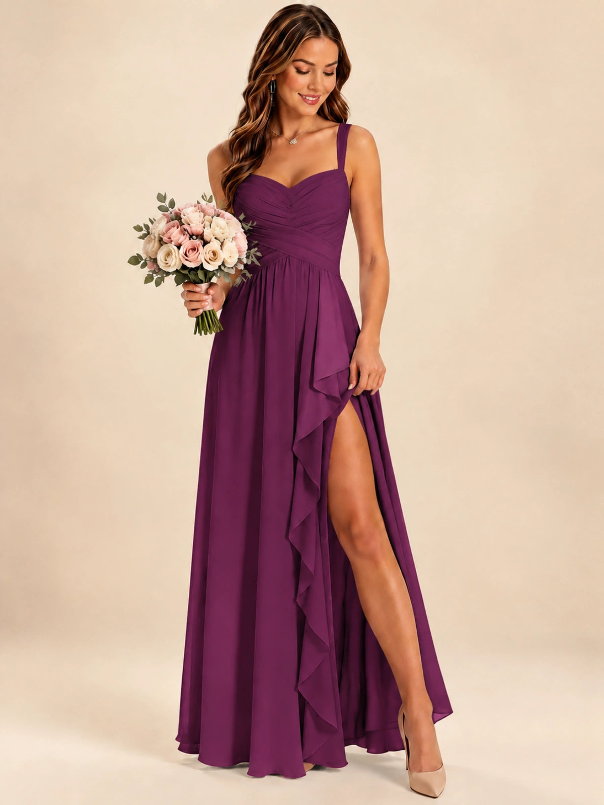 Spaghetti Straps Pleated Chiffon Bridesmaid Dress with Ruffle Slit
