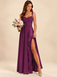 Spaghetti Straps Pleated Chiffon Bridesmaid Dress with Ruffle Slit