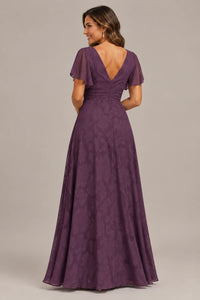 Jovellee Floral Chiffon A-Line Mother of the Bride Dress with Flutter Sleeves