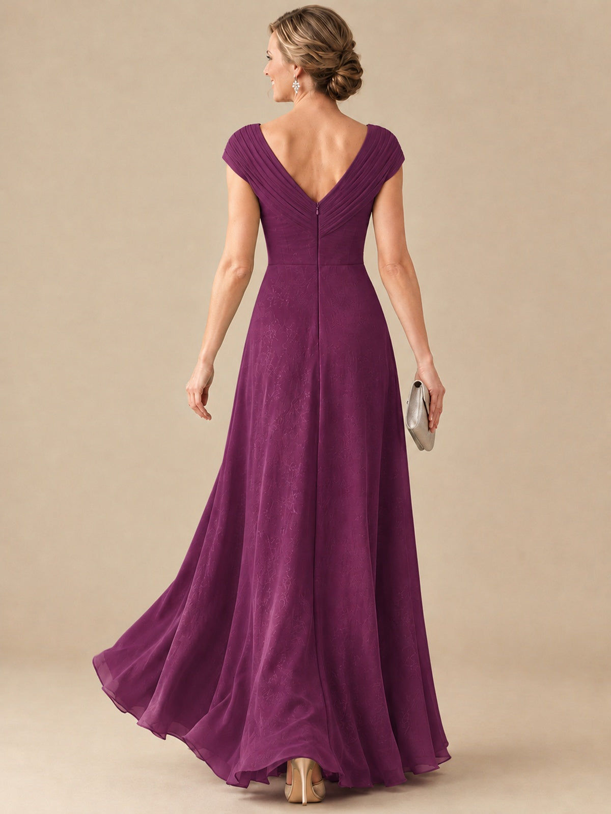 Pleated Chiffon Lace Mother of The Bride Dresses with Beading Cap Sleeves