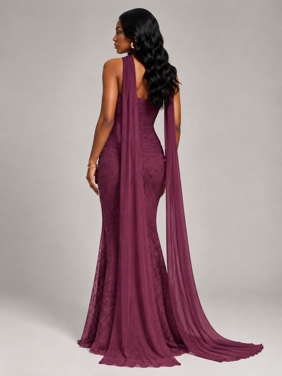 Pleated Chiffon Lace Prom Dresses Long Bodycon Mermaid with Scarf