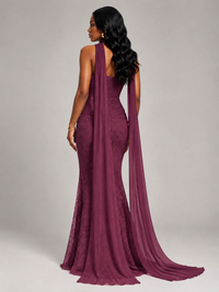 Pleated Chiffon Lace Prom Dresses Long Bodycon Mermaid with Scarf