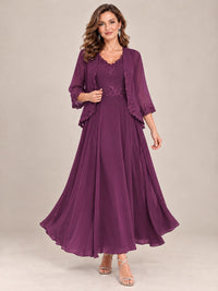 Dusty Blue Floral Lace Chiffon Mother of the Bride Dress with Jacket