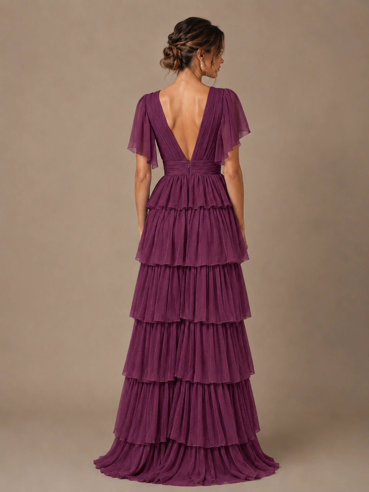 Chiffon V-Neck Tiered Ruffle Bridesmaid Dress with Slit