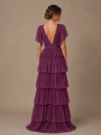 Chiffon V-Neck Tiered Ruffle Bridesmaid Dress with Slit
