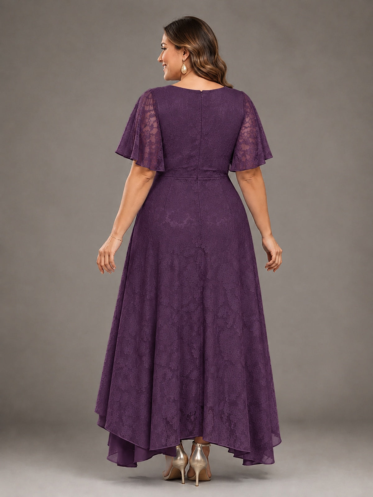 Jacquard Chiffon A-Line V-Neck High-Low Mother of the Bride Dress