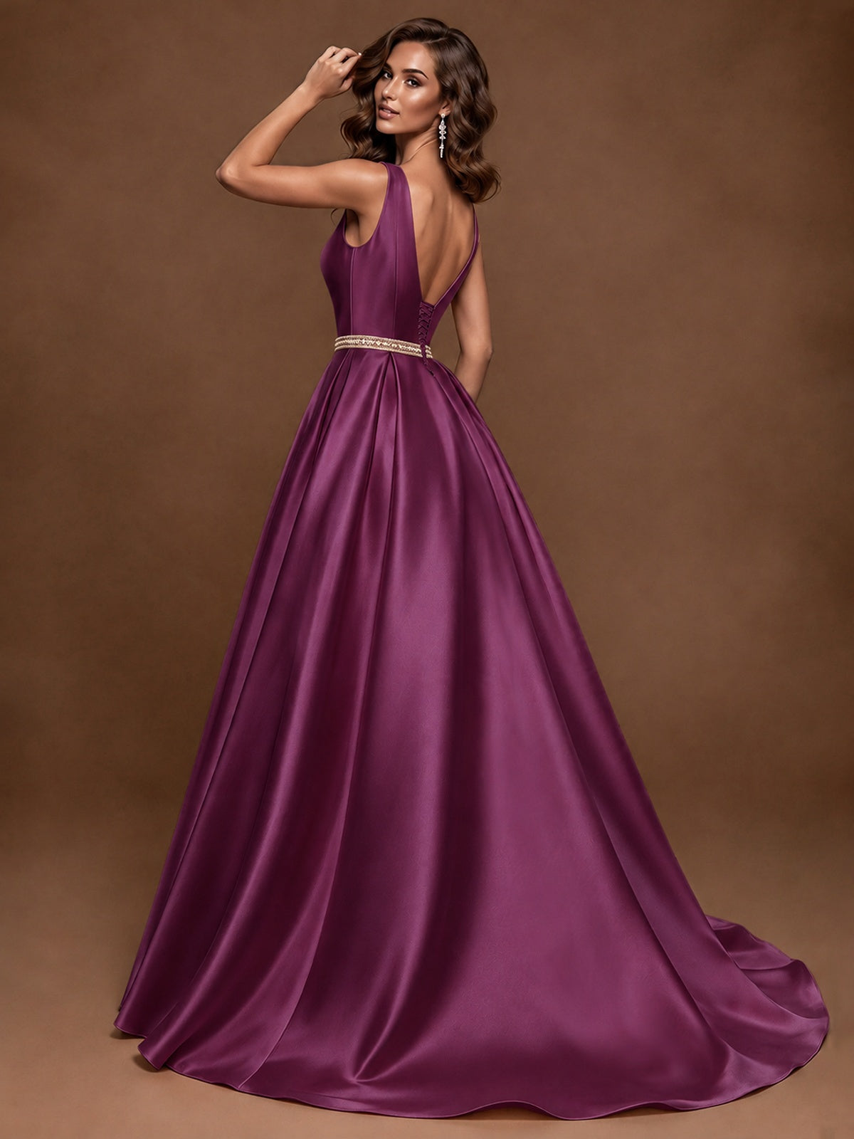 Satin A-Line Prom Dress Sleeveless Beaded Waist Formal Gown with Pockets