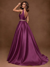 Satin A-Line Prom Dress Sleeveless Beaded Waist Formal Gown with Pockets