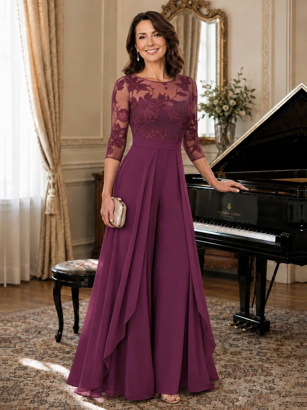 Lace Applique Wide-Leg Chiffon Mother of the Bride Jumpsuit