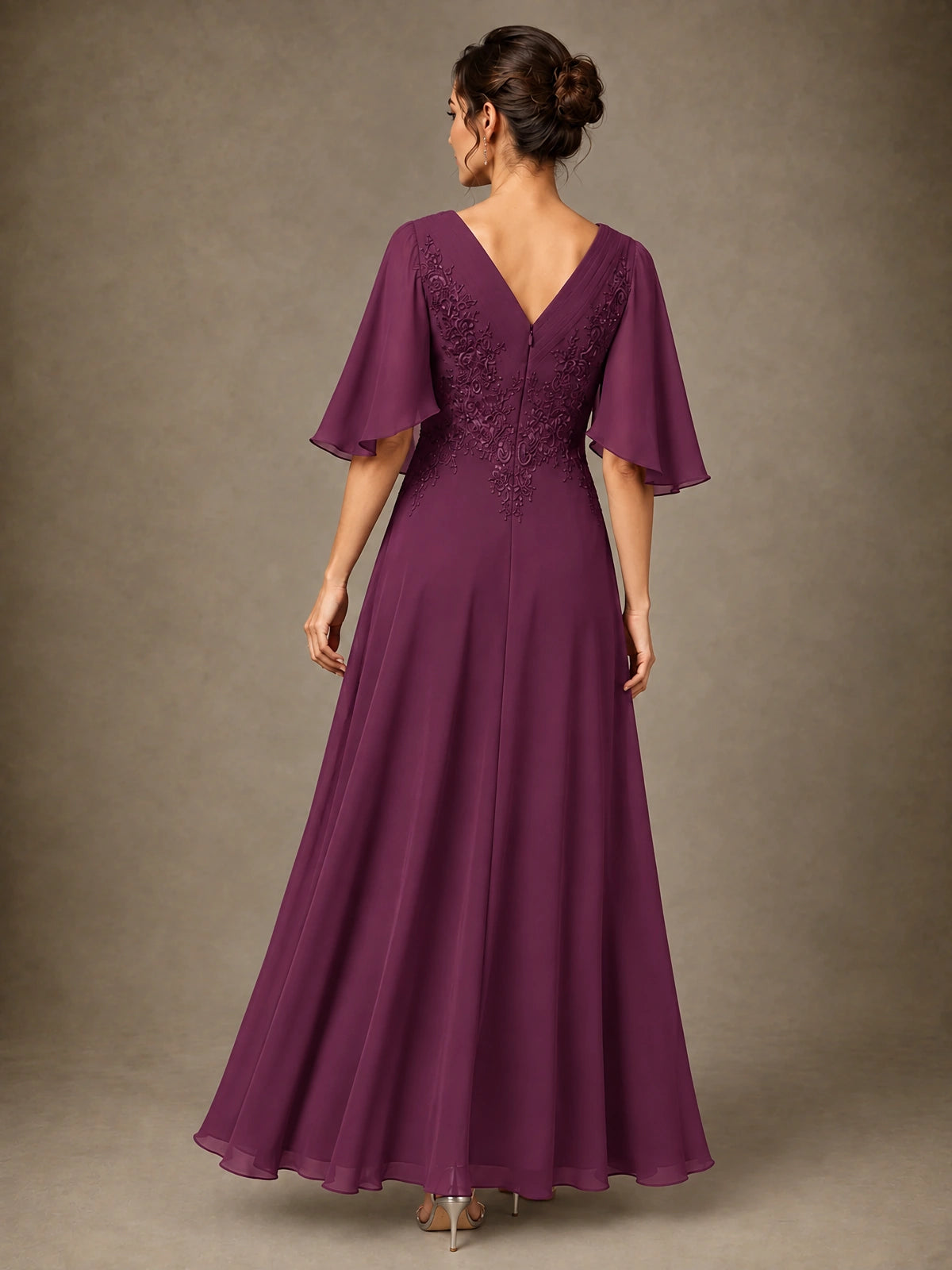 V-Neck Chiffon Lace Mother of the Bride Dress with Flutter Sleeves
