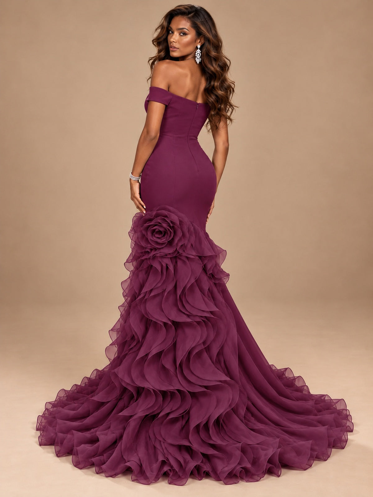 Dusty Blue Off-the-Shoulder Mermaid Prom Dress with 3D Rose & Ruffles