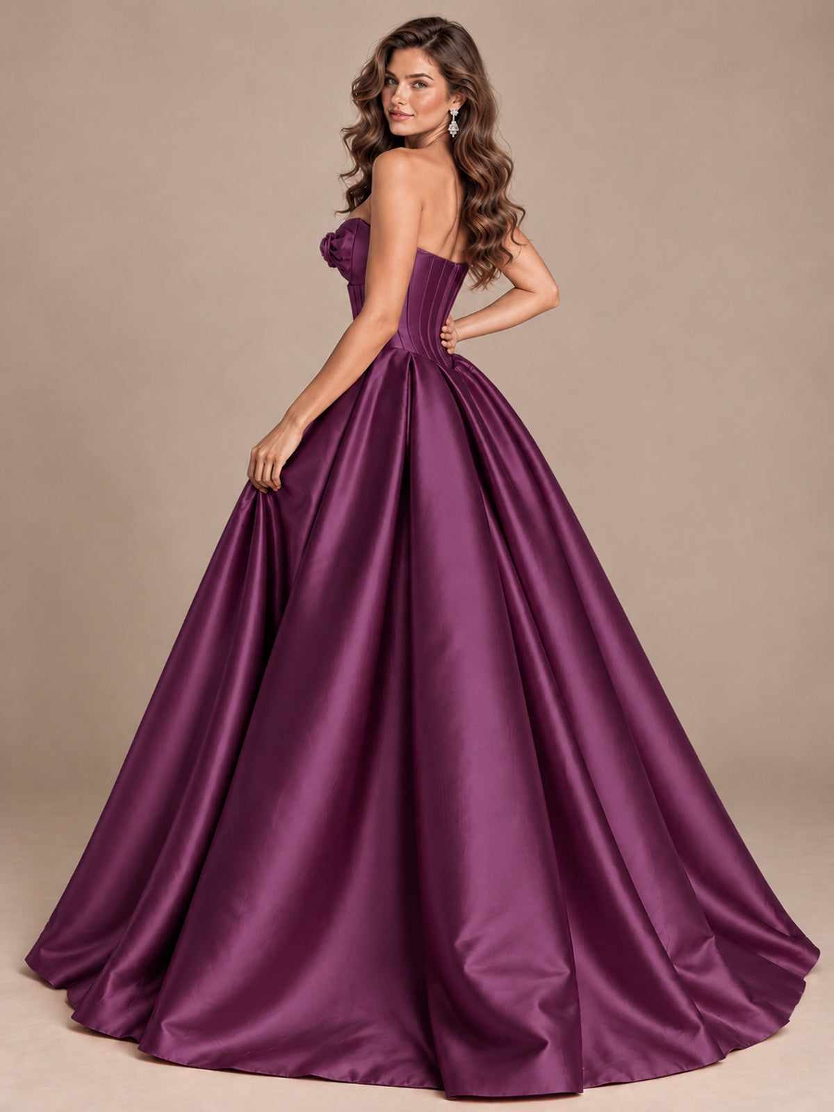 Pink Strapless Corset Satin Prom Derss & Ball Gown with 3D Floral