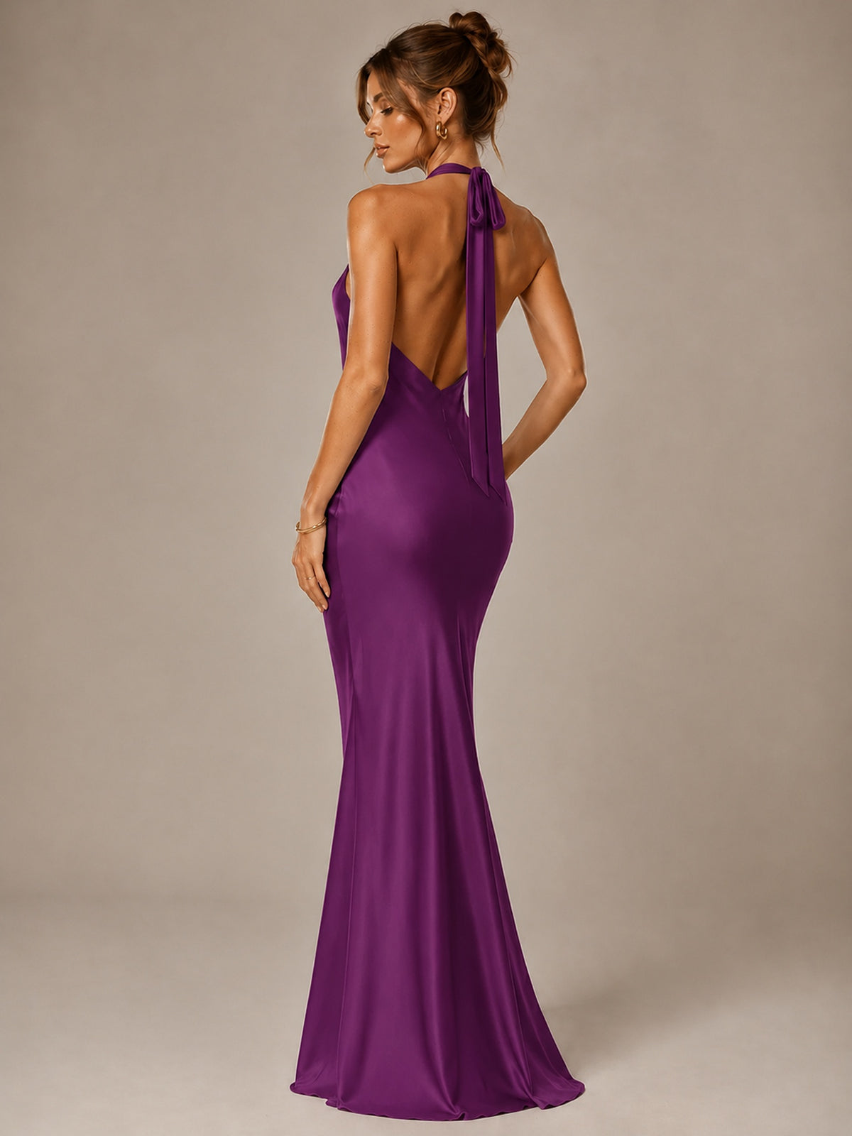 Olive Green Halter Satin Mermaid Maxi Dress