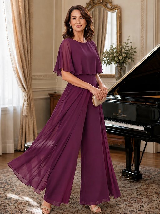 Chiffon Mother of the Bride Jumpsuit with Layered Cape Sleeves