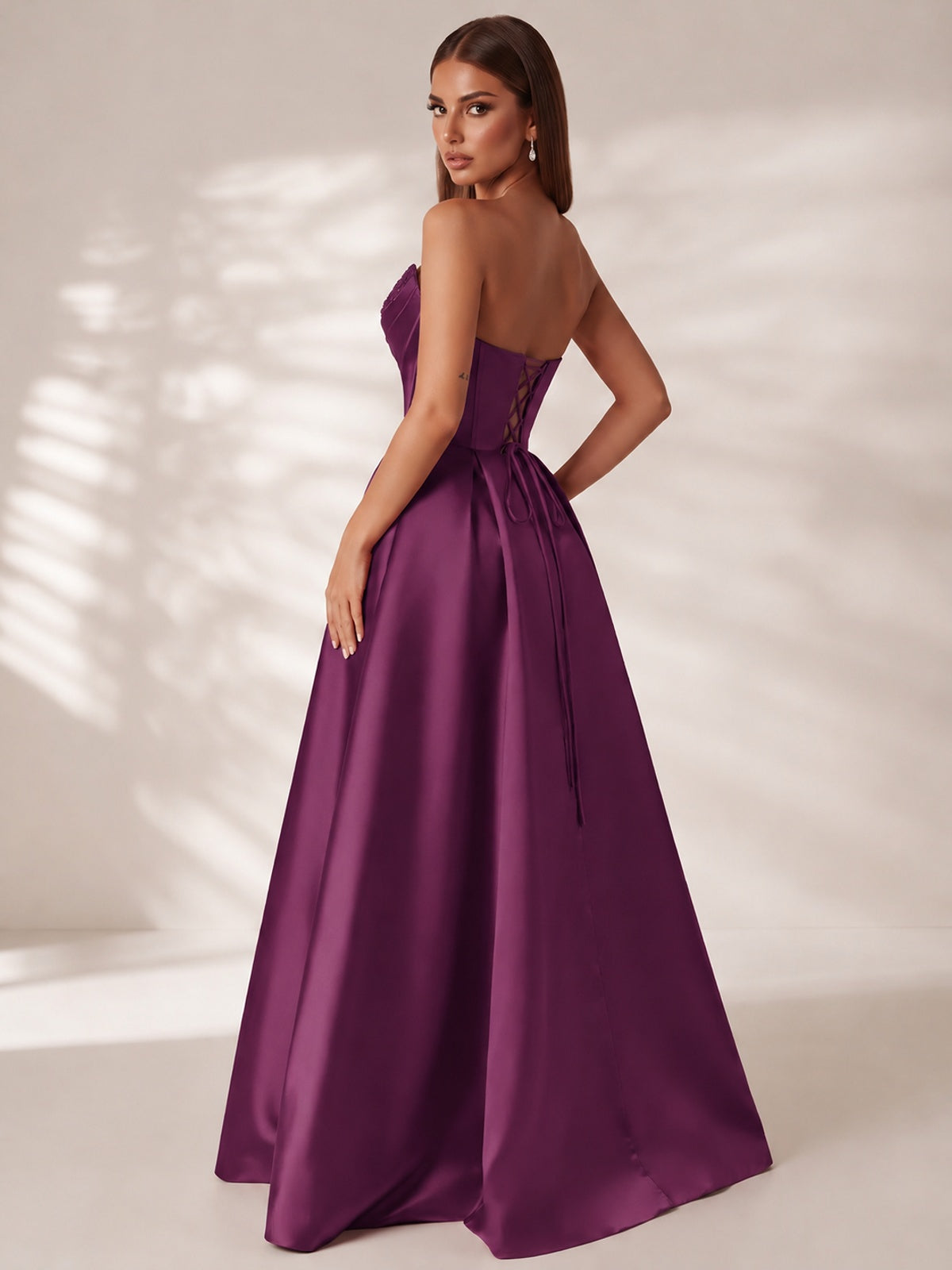 Strapless Corset Satin Prom Dress Long Evening Gown with High Slit