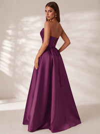 Strapless Corset Satin Prom Dress Long Evening Gown with High Slit