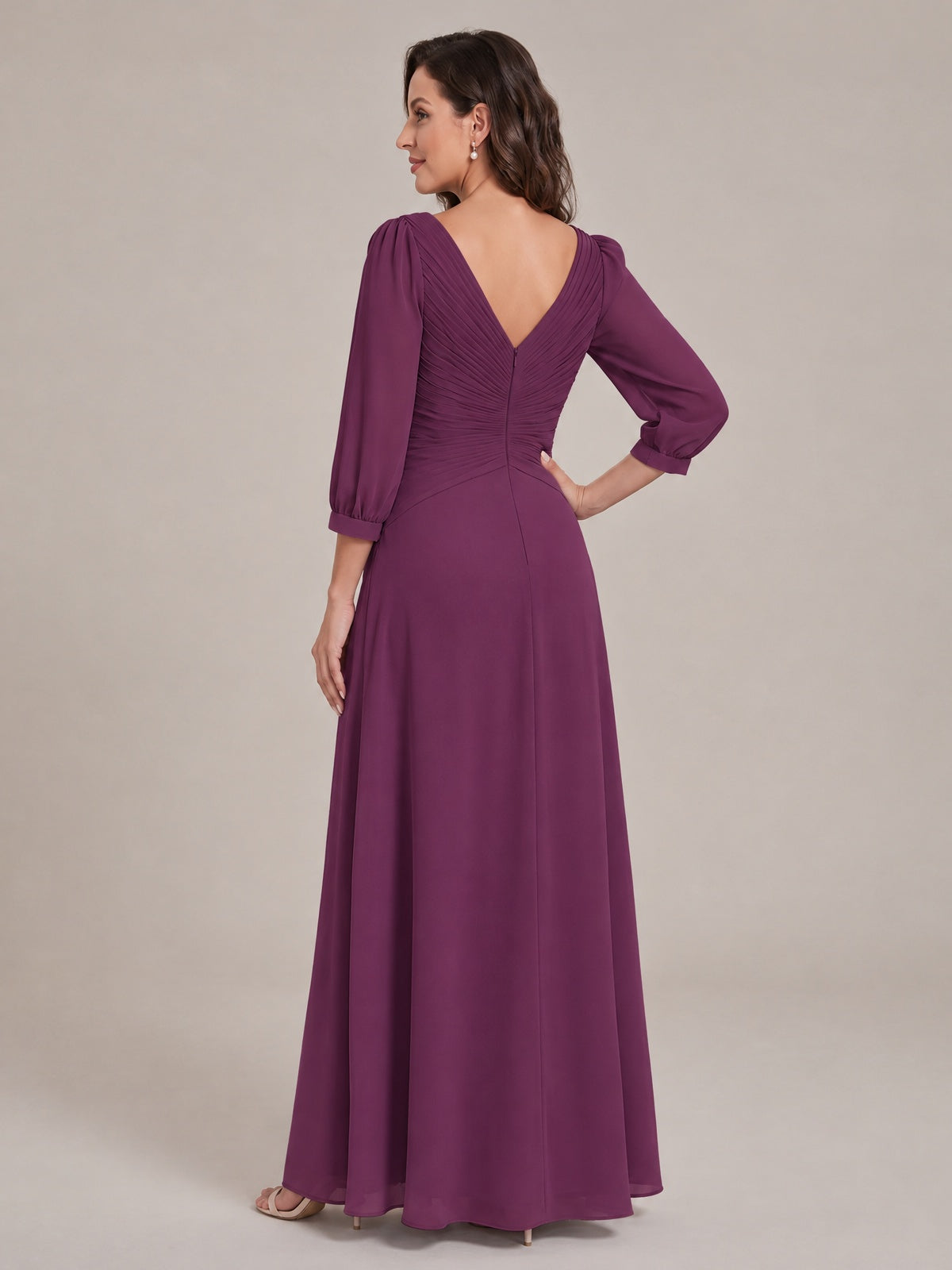 V-Neck Pleated Chiffon Mother of the Bride Dress with Flutter Sleeves