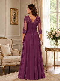 Chiffon Lace Applique Mother of the Bride Dress with 3/4 Sleeves