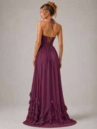 Halter V Neck Chiffon Formal Dress with Lace-Up Back and Ruffle Hem