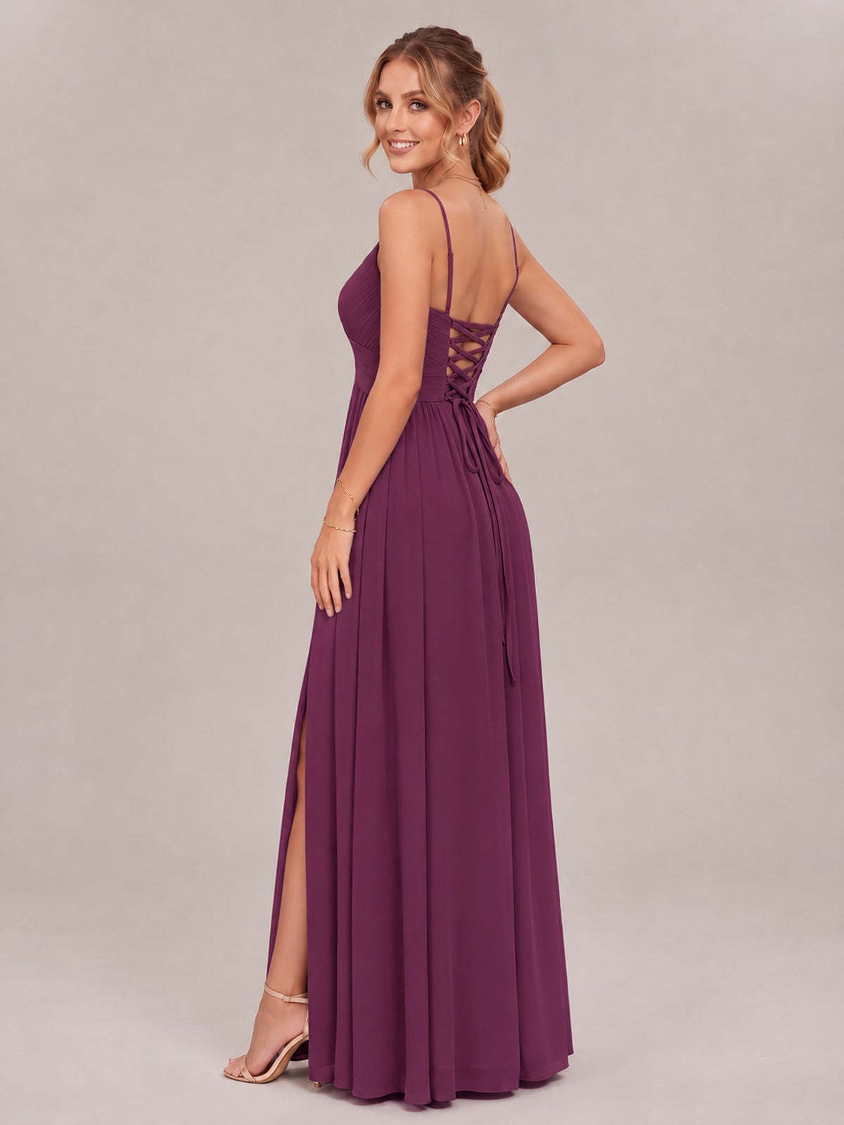 V-Neck Pleated Chiffon Long Bridesmaid Dress with Slit