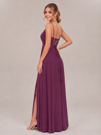 V-Neck Pleated Chiffon Long Bridesmaid Dress with Slit