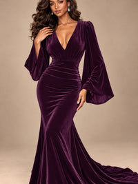 Burgundy Velvet Deep V-Neck Ruched Long Sleeve Maxi Dress