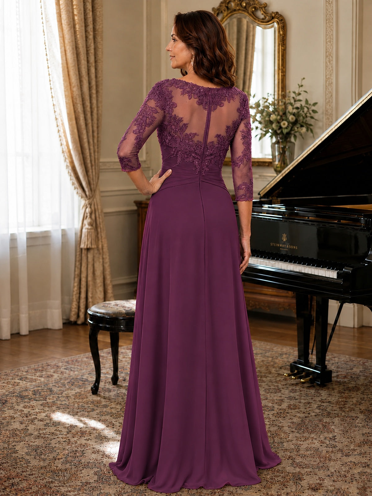 A-Line Chiffon Mother of the Bride Dress with Floral Applique 3/4 Sleeves