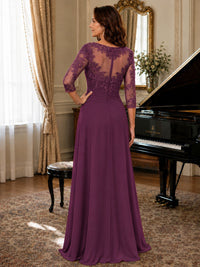 A-Line Chiffon Mother of the Bride Dress with Floral Applique 3/4 Sleeves