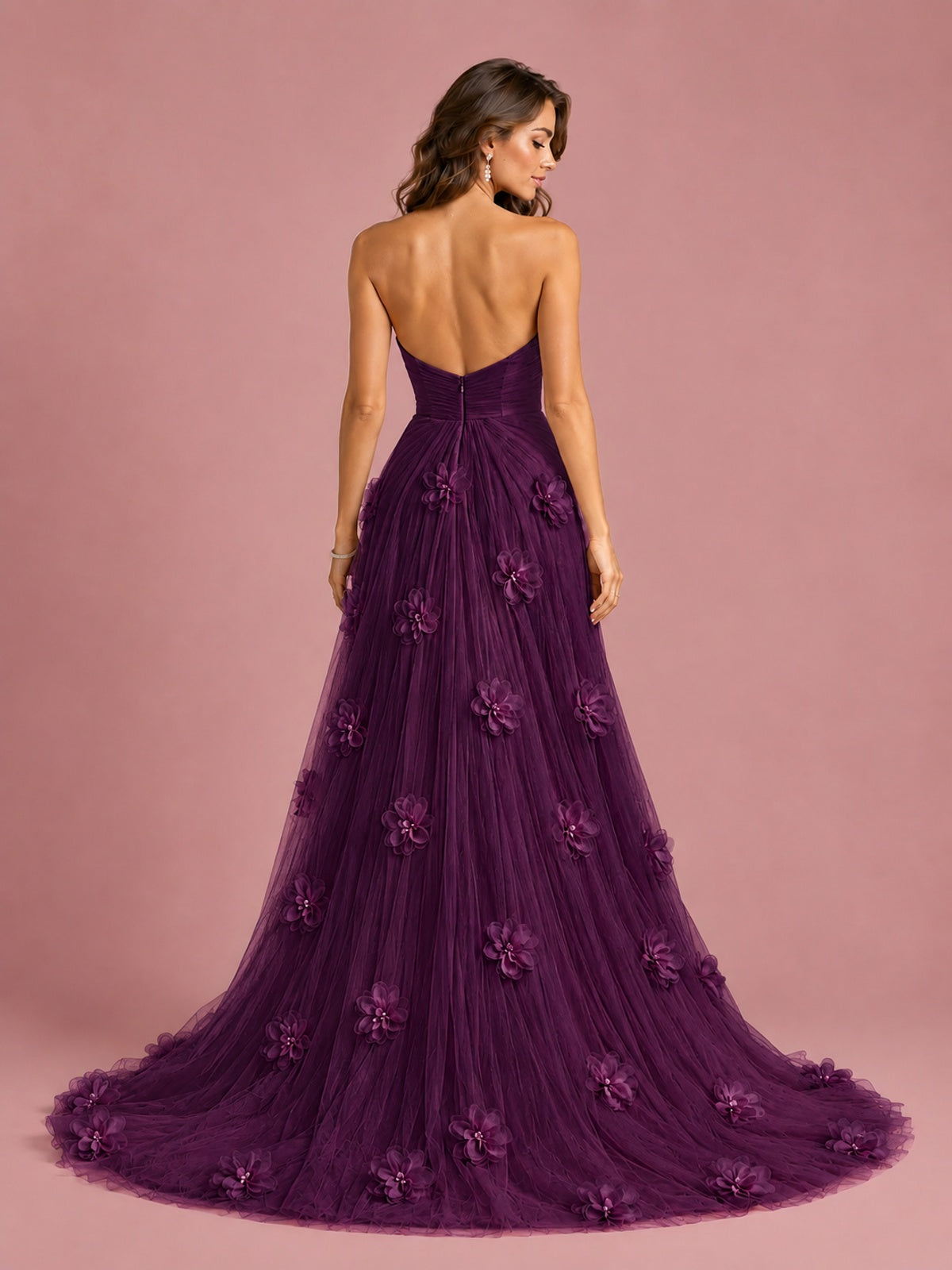 3D Floral Applique Strapless Tulle Prom Dress with High Slit