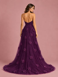 3D Floral Applique Strapless Tulle Prom Dress with High Slit