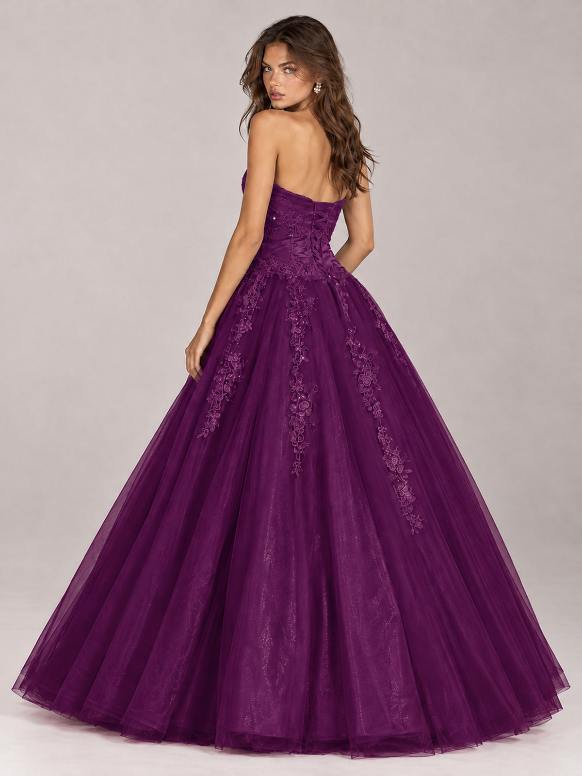 Strapless Sweetheart Tulle Ball Gown Prom Dress with Lace Appliques
