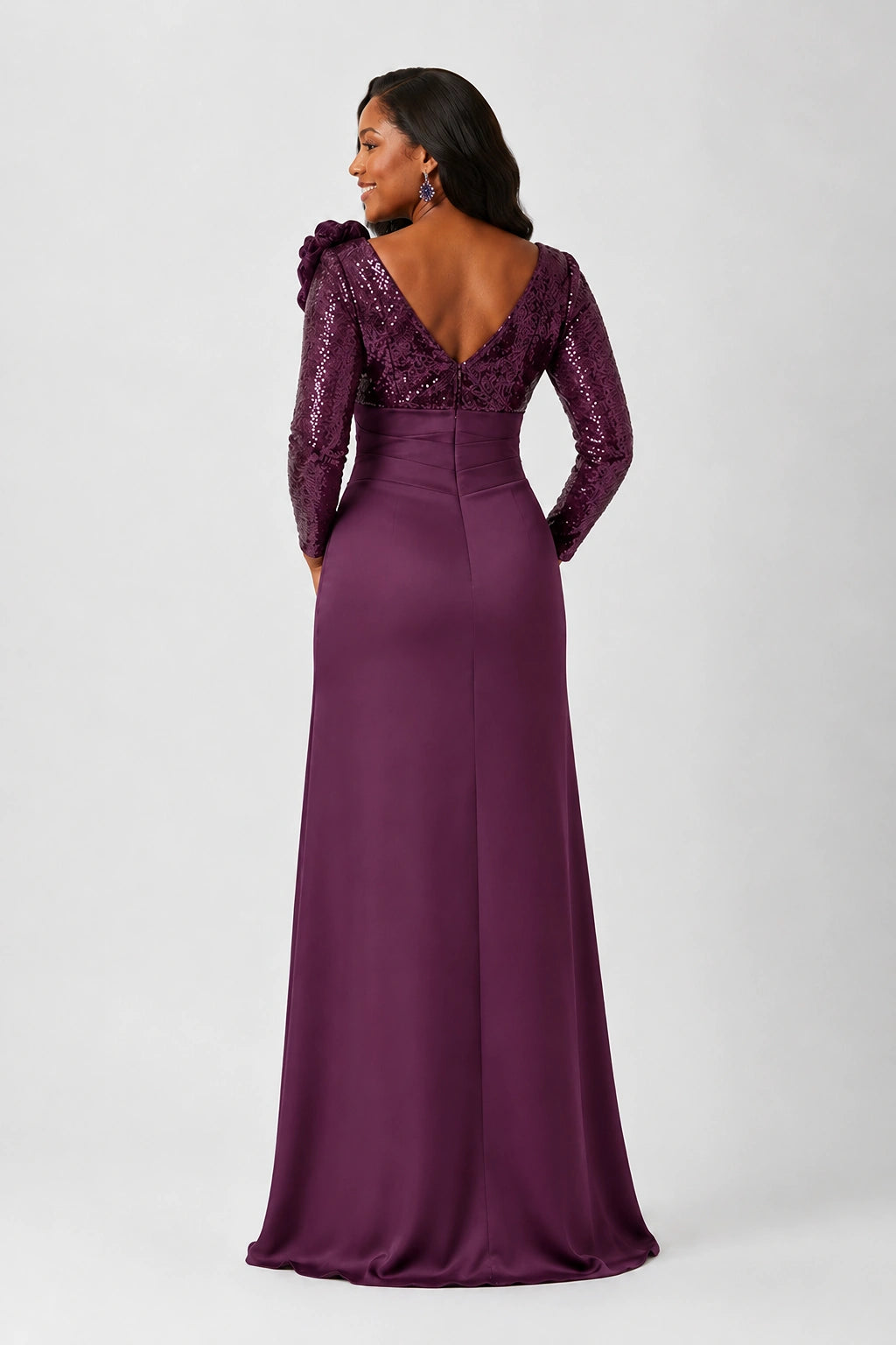 Sequin Mother of the Bride Dress with Long Sleeves 3D Floral V-Neck Gown