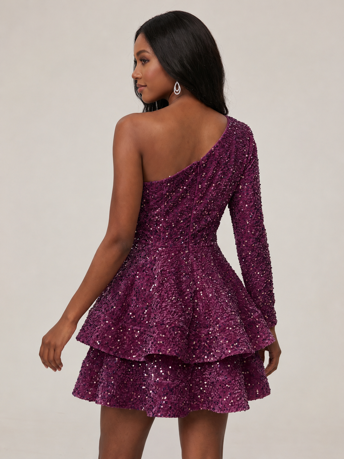 Puffy One Shoulder Sequin Tiered Mini Dress