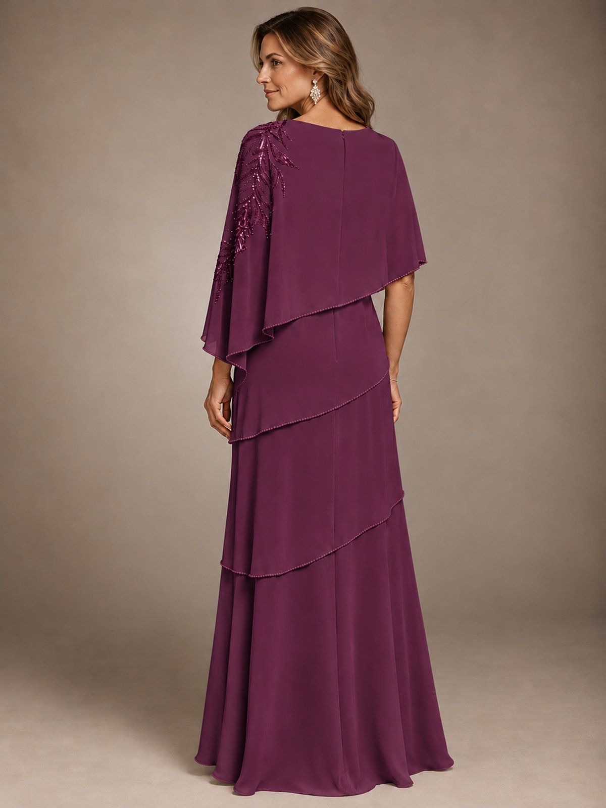 Elegant Chiffon Cape Sleeve Beaded Mother of the Bride Dress
