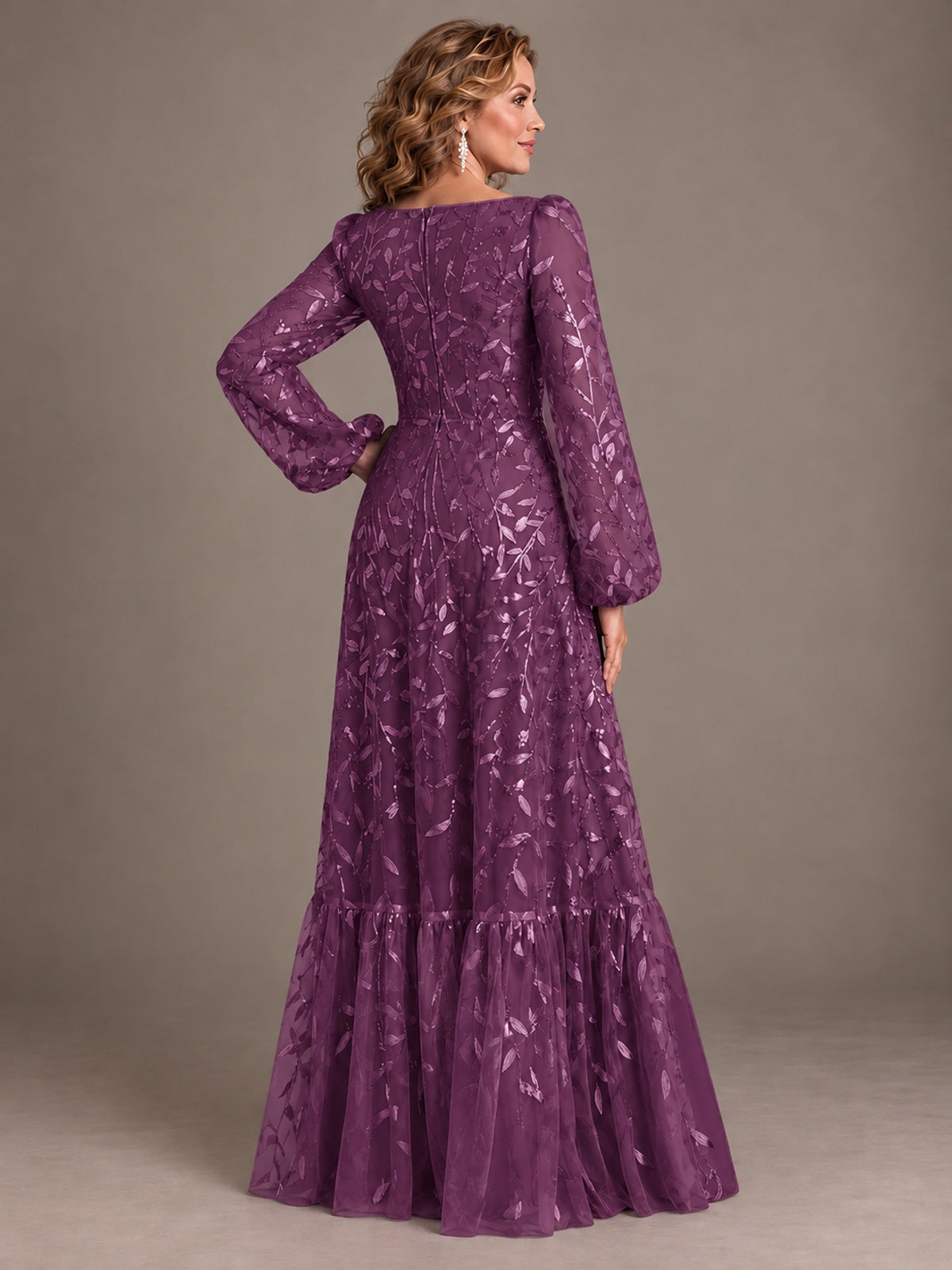 Floral Sequin Embroidered A-Line Mother of the Bride Dress with Long Sleeves