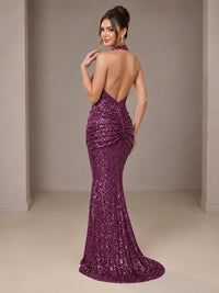 Gold Halter Sequin Mermaid Ruched Prom Dress Long Ruched Evening Gown