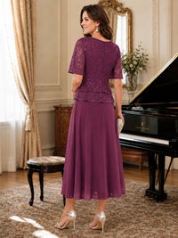 Tea-Length Chiffon Mother of the Bride Dress with Sequin Lace Sleeves