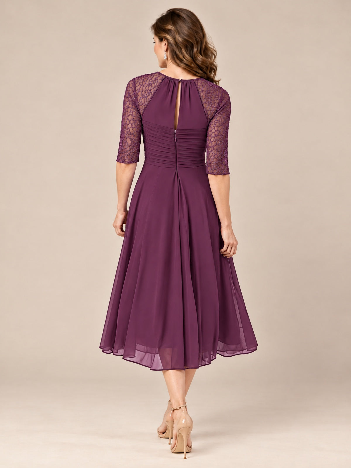 Tea-Length Mother of the Bride Dress with Lace 3/4 Sleeves