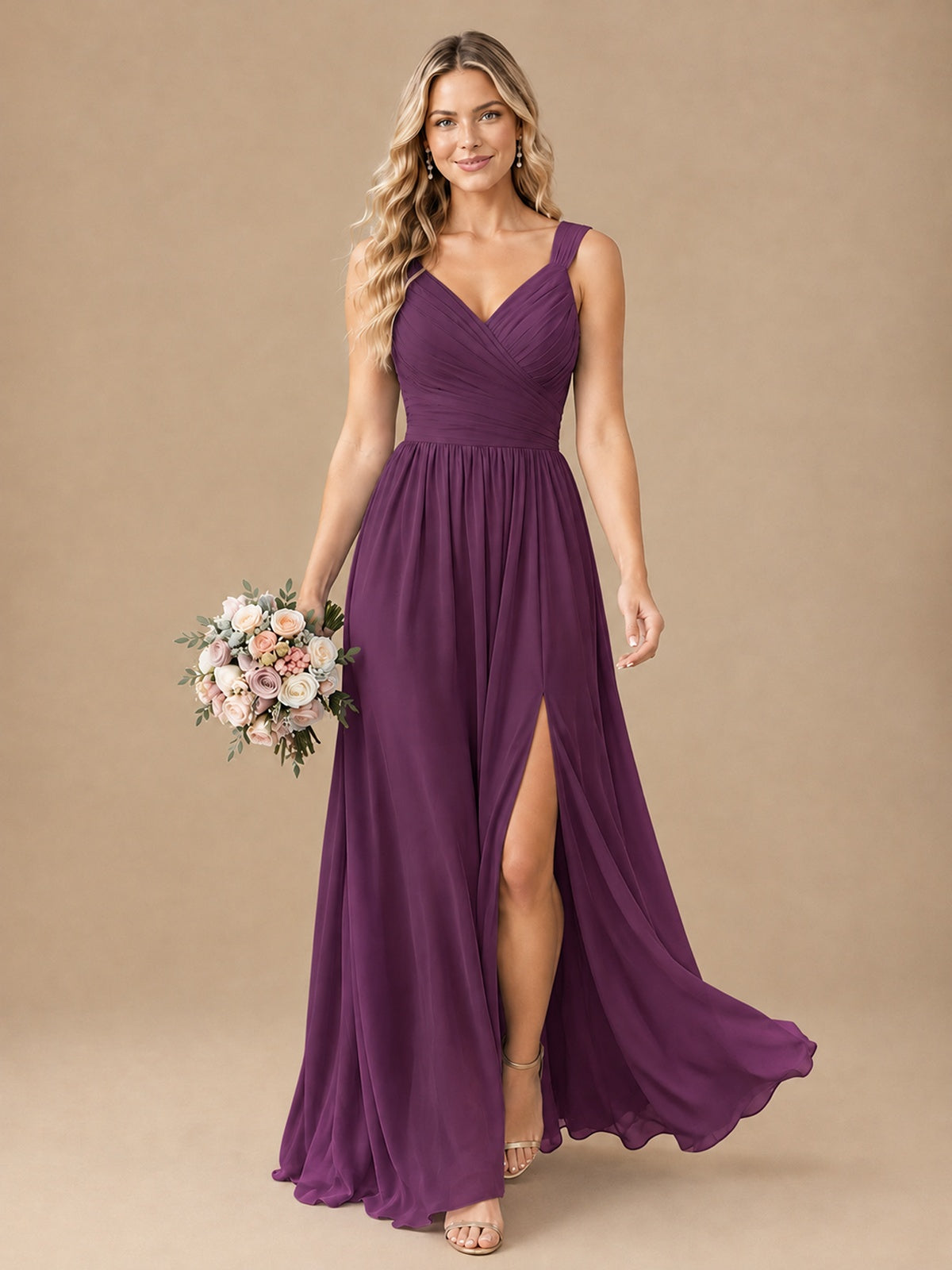 Pleated Chiffon V Neck Wedding Bridesmaid Dresses Floor Length with Slit