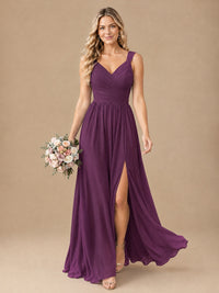 Pleated Chiffon V Neck Wedding Bridesmaid Dresses Floor Length with Slit