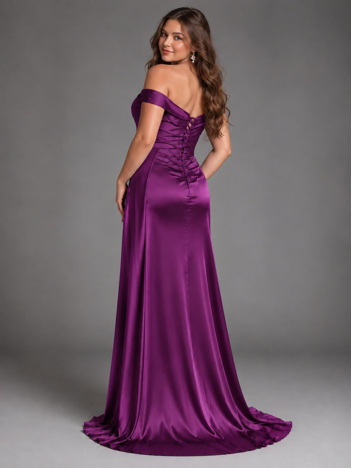 Off Shoulder Satin Maxi Dress with Slit